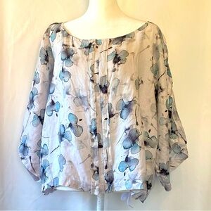 Carmina de Young 100% Linen Floral Lagenlook Scoop Neck Flowy Relaxed Shirt SM